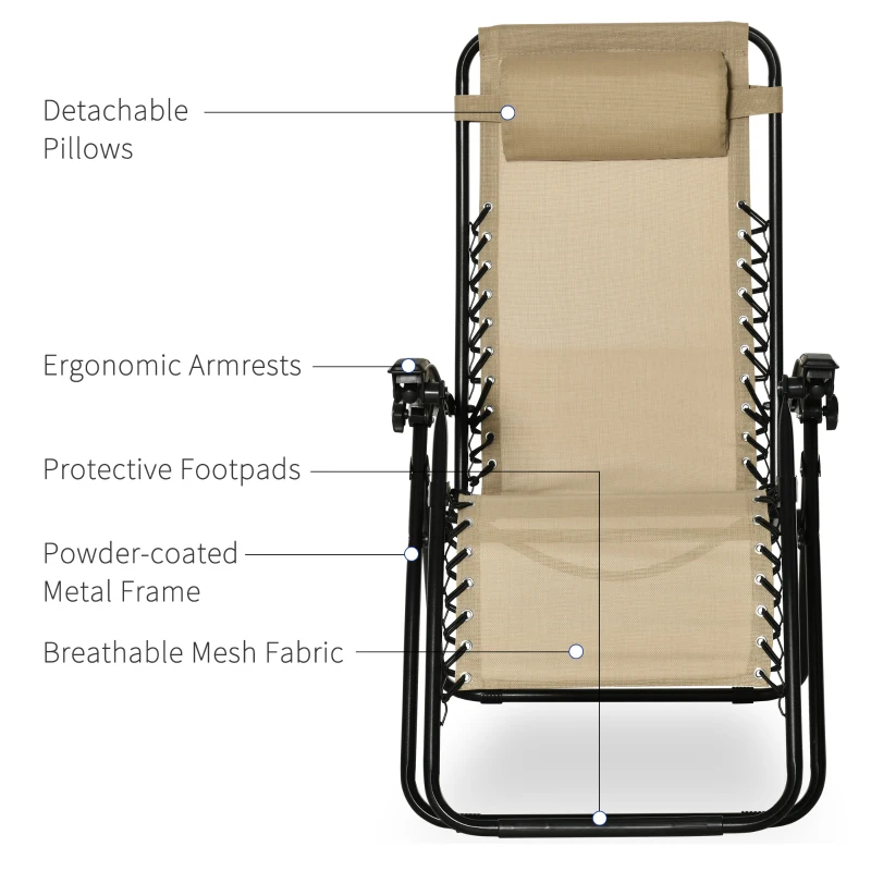 Outsunny Zero Gravity Chair Set of 2 Patio Chair with Side Table Cupholders and Pillows for Pool, Backyard, Lawn, Beige