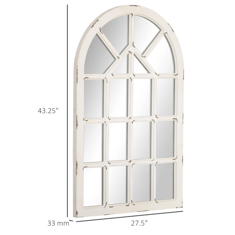 HOMCOM 43x27.5 inch Decorative Wall Mirror, Arch Windowpane Mirror for Wall in Living Room, Bedroom, Rustic White