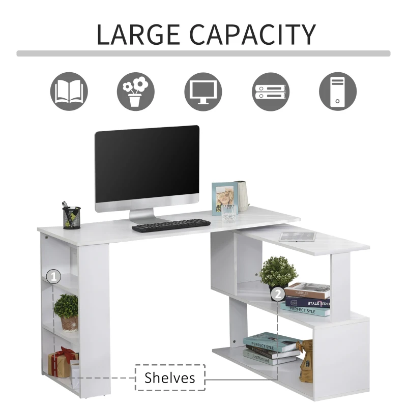 HOMCOM 47" L Shaped Desk, 360° Rotating Corner Desk, Reversible Computer Writing Table Workstation with Storage Shelf for Home Office, White