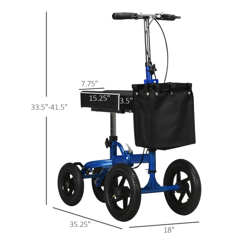 HOMCOM Knee Scooter with Basket, Dual Braking System and 10" All Terrain Wheels, Steerable Knee Walker with Adjustable Height, Foldable Crutch Alternative for Ankle and Foot Injuries, Blue