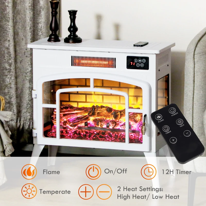 HOMCOM Electric Fireplace Stove, Infrared Fireplace Heater with Realistic Flame & Adjustable Temperature, 1500W, White
