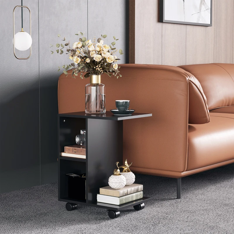 HOMCOM C-Shape Side Table End Table with Storage Open Shelf, Coffee Table on Wheels for Home Office Studio Black