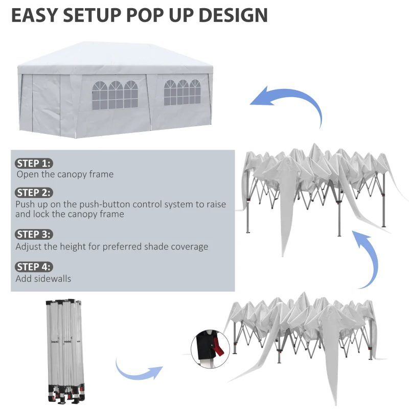 Outsunny 10' x 19.5' Pop Up Canopy Tent Height Adjustable Event Shelter w/ Sidewalls, Leg Weight Bags, Wheeled Carry Bag, White