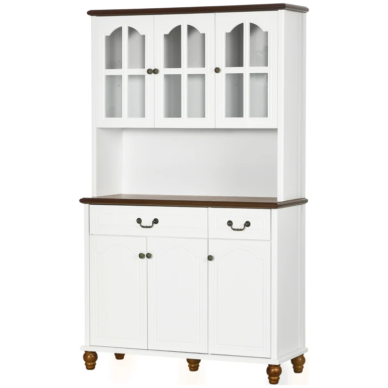 HOMCOM Kitchen Buffet with Hutch, Freestanding Pantry Cabinet with 6 Doors, 2 Drawers and 3-Level Adjustable Shelves, White