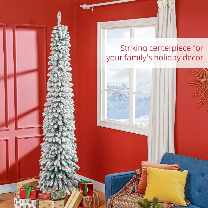 HOMCOM 8' Tall Unlit Slim Pencil Xmas Tree, Snow Flocked Artificial Christmas Tree with Realistic Branches and 603 Tips, Green