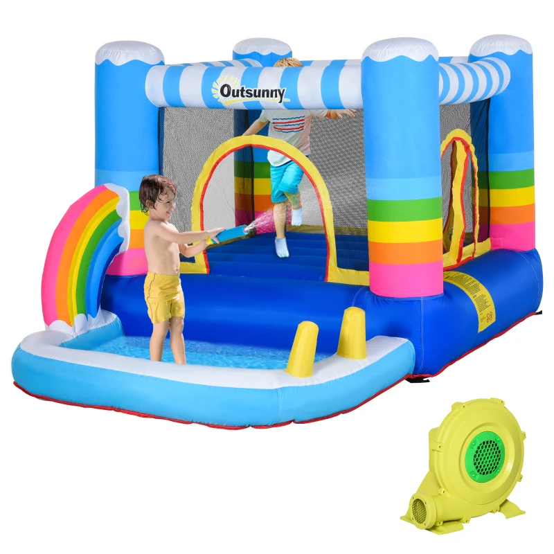 Outsunny Inflatable Bounce House for Kids 2-in-1 Jumping Castle for Indoor Outdoor Party with Trampoline, Pool, Carry Bag & Air Blower(m-11)
