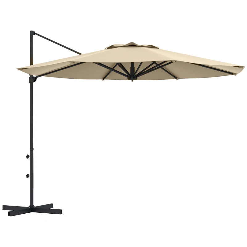 Outsunny 10 FT Cantilever Umbrella, Aluminum Hanging Offset Umbrella with 360°Rotation, Crank, Tilt, Cross Base, Khaki