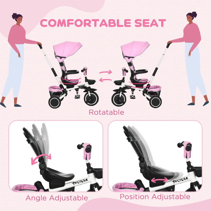 Aosom 6-in-1 Toddler Tricycle for 12-50 Months, Foldable Kids Trike with Adjustable Seat and Push Handle, Safety Harness, Removable Canopy, Footrest, Pink