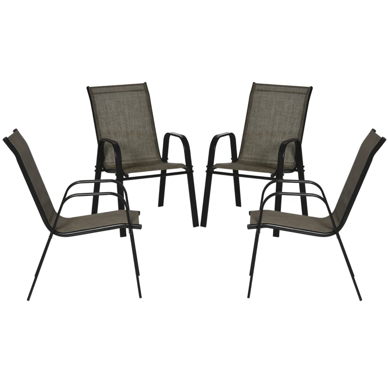 Outsunny Set of 4 Outdoor Dining Chairs, Heavy Duty Stackable Patio Dining Set with Armrests for Balcony Garden, Brown and Black
