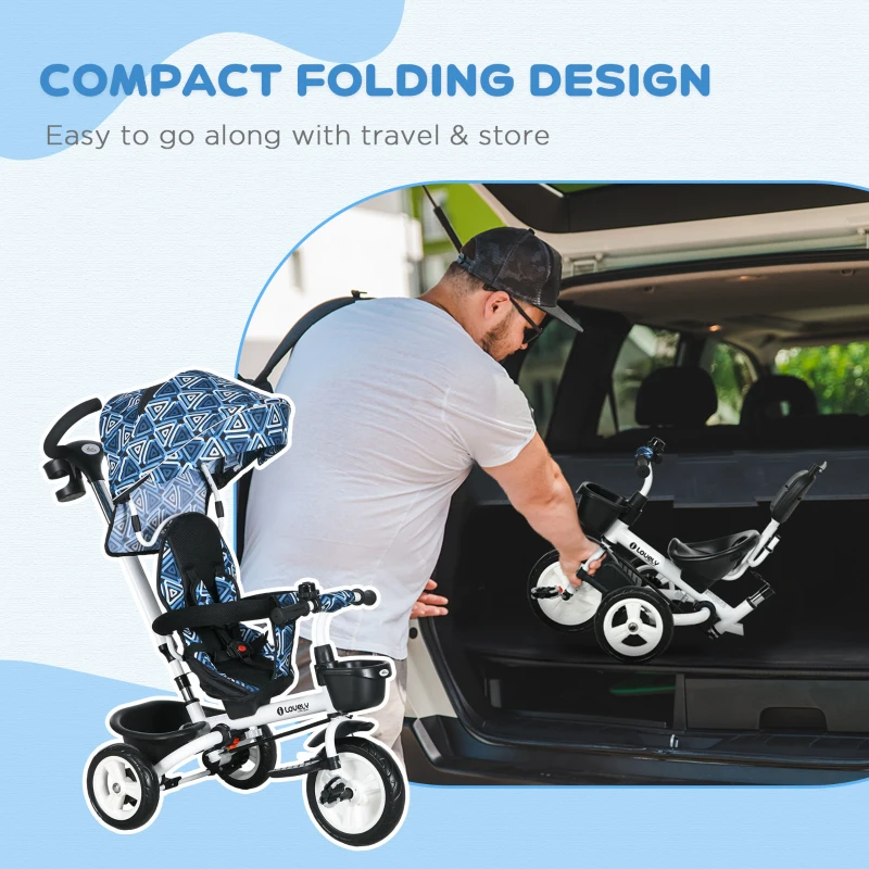 Qaba 6 in 1 Toddler Tricycle with Parent Push Handle, Canopy, Storage Baskets, Cupholder, Light Blue