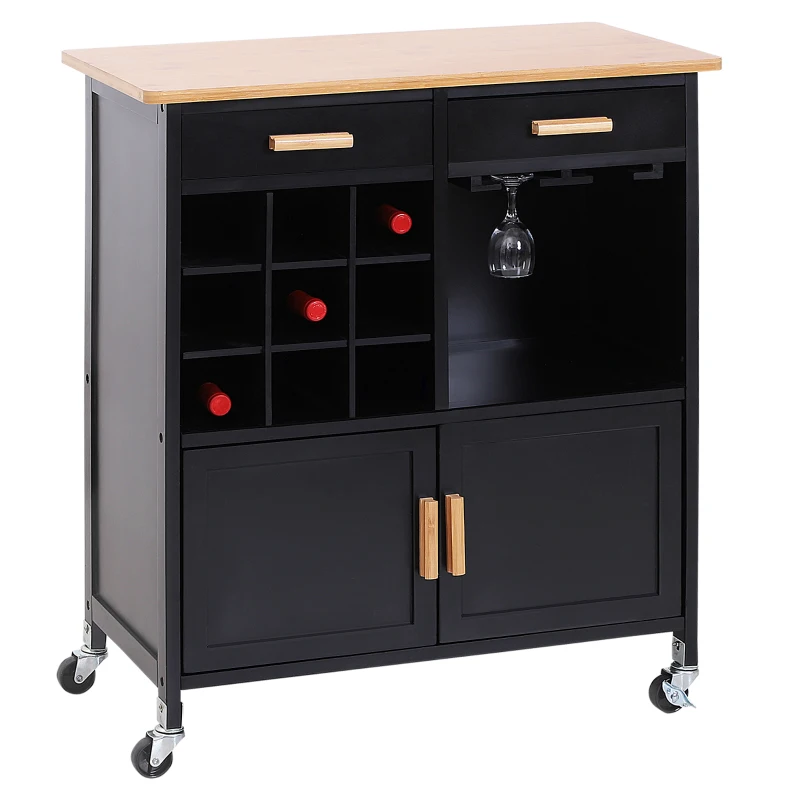 HOMCOM Portable Kitchen Trolley with Bamboo Top Storage Cabinet and Wine Rack (Black )