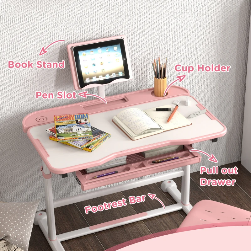Qaba Height Adjustable Kids Desk and Chair Set with Tilt Desktop, Large Writing Board, Storage Drawer, Book Stand, Pink