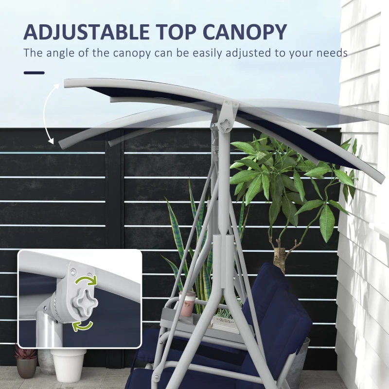 Outsunny 2-Seater Outdoor Porch Swing with Canopy and Table, Patio Swing Chair for Garden, Poolside, Backyard, Dark Blue
