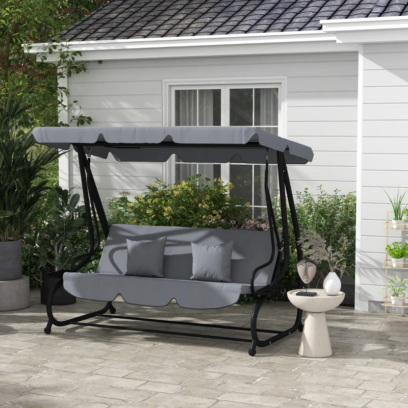 Outsunny Free Standing Swing Bench, Porch Swing with Stand, Adjustable Canopy, Cushion and Pillows, Dark Gray