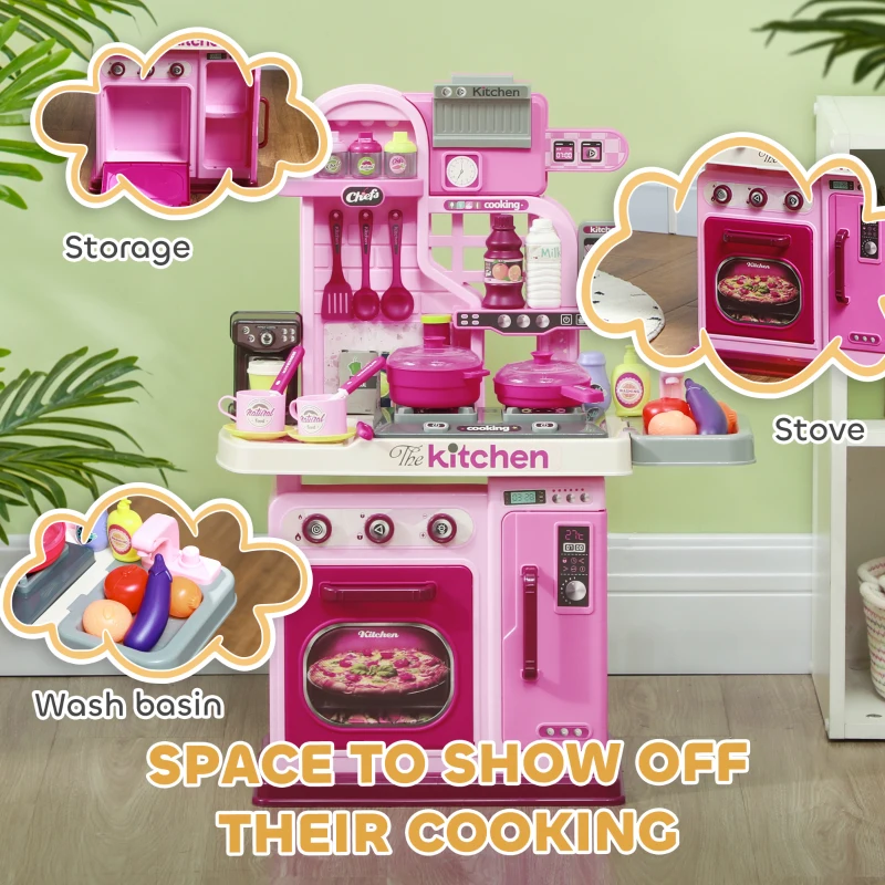 Qaba Kids Play Kitchen with Lights, Sounds, 33 Accessories & Storage for Toddler 3-6 Years
