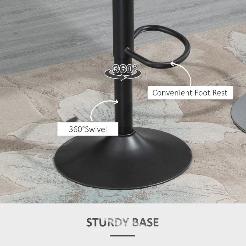 HOMCOM  Set of 2 Adjustable Bar Stools with PU Upholstered Back, Footrest, Round Base for Kitchen, Dining Room, Grey