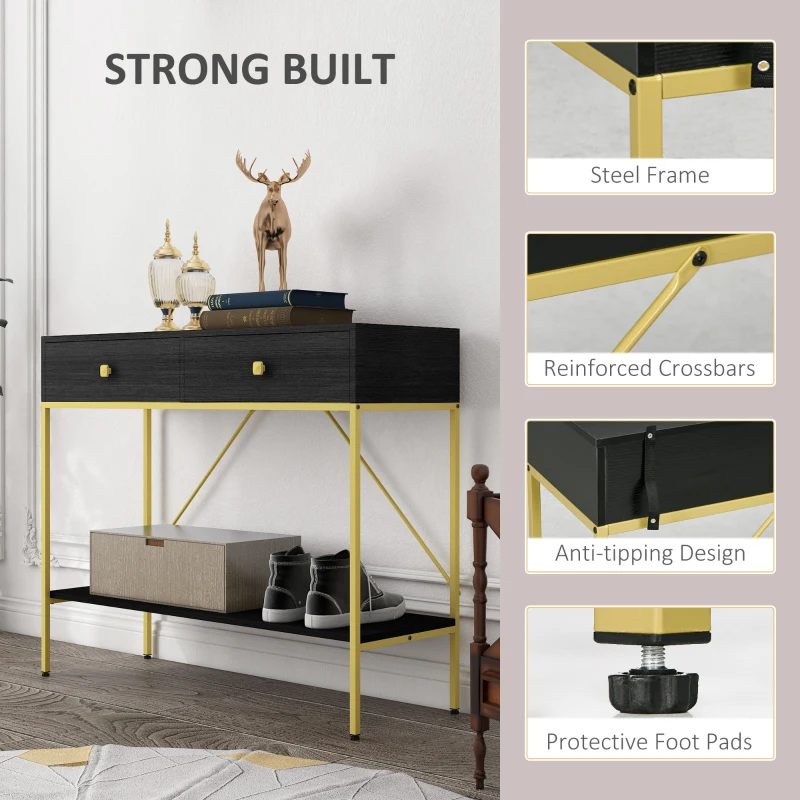 HOMCOM Hallway Console Table Entryway Table with 2 Drawers and Storage Shelf for Living Room Bedroom Behind Sofa Black
