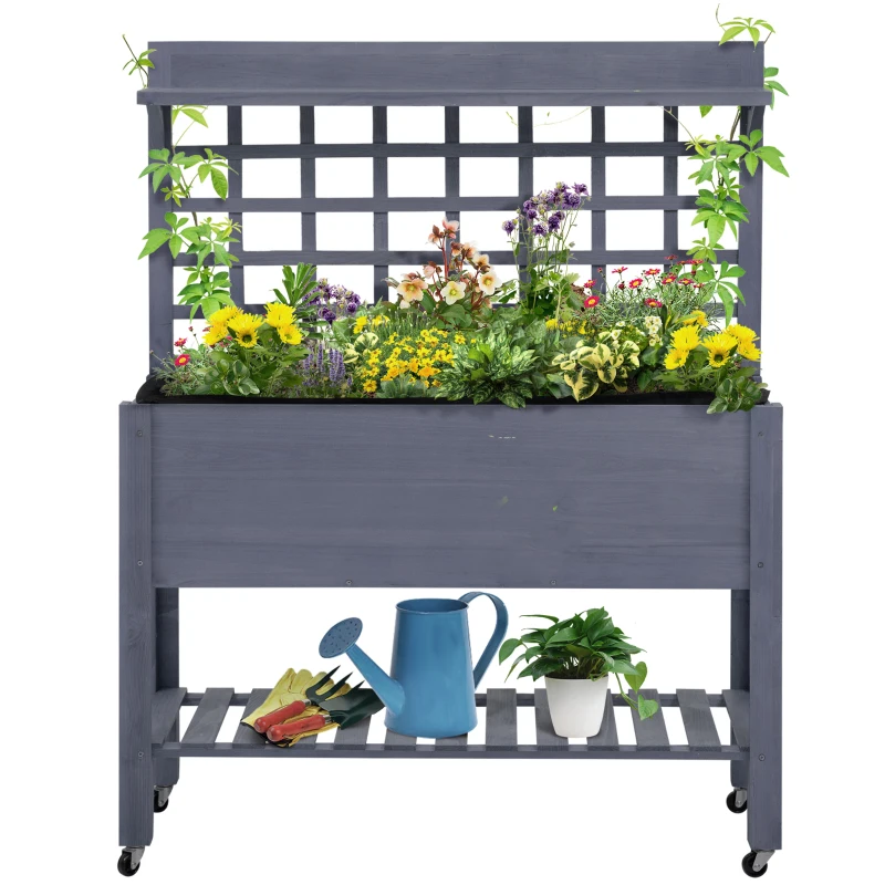 Outsunny 41" Raised Garden Bed Mobile Elevated Wooden Planter Box Stand with Wheels, Trellis and Storage Shelf, Gray