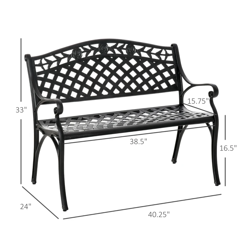 Outsunny Outdoor Garden Bench, 40" Patio Bench with Aluminum Frame and Armrests, 2-Person Patio Loveseat with Floral Pattern for Park, Porch, Yard, Lawn, 485 LBS Capacity