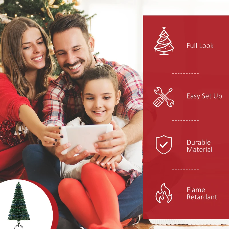 HOMCOM 6' Tall Prelit Full Fir Artificial Christmas Tree with Realistic Branches, 230 Green/Red/Blue  Fiber Optic Lights and 230 Tips