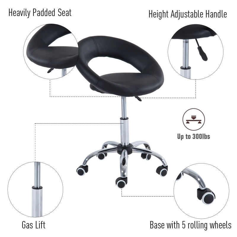 HOMCOM Crescent Rolling Salon Stool with Adjustable Height, Breathable Open Back, Foam Cushion Seat, and 5 Caster Wheels, Black