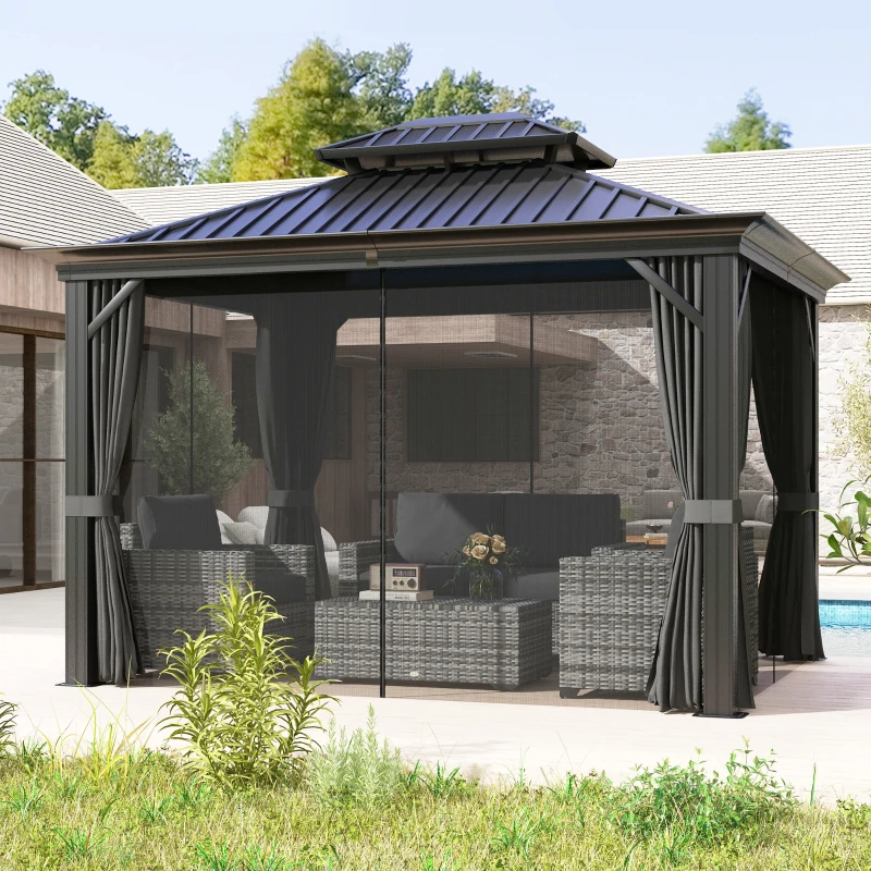 Outsunny 10' x 12' Outdoor Hardtop Gazebo with Galvanized Steel Canopy & Netting Sidewalls for Lawn, Backyard, Dark Grey