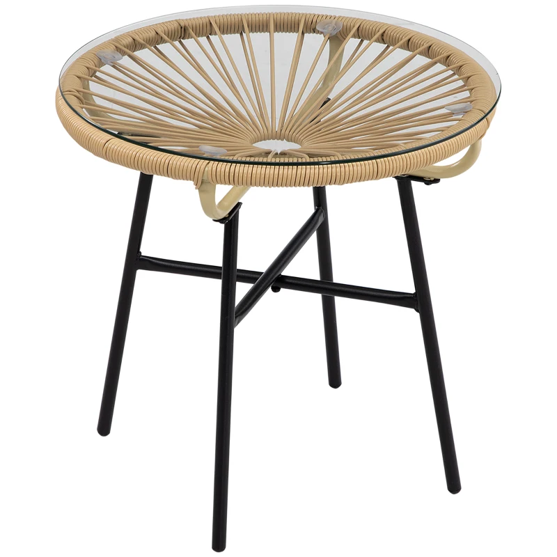 Outsunny Rattan Side Table, Round Outdoor Table, with Round PE Rattan and Tempered Glass Table Top for Patio, Garden, Beige