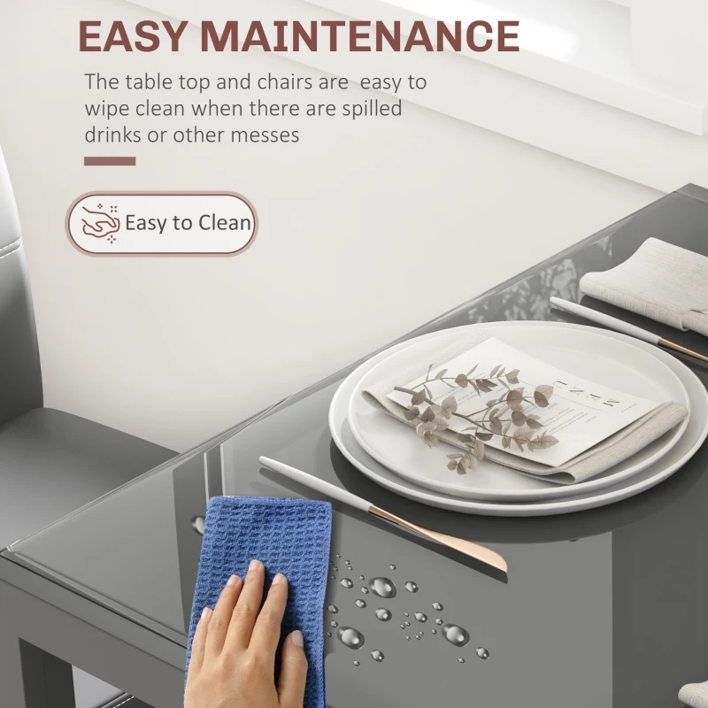 HOMCOM 3-Piece Rectangular Glass Kitchen Table and Chairs with Metal Frame and Faux Leather Upholstery for Dining Room, Grey