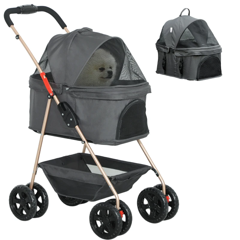 PawHut 3 in 1 Pet Stroller with Detachable Carrier, Foldable Dog Stroller with Storage Basket, Cupholder, for Mini Dogs, Gray