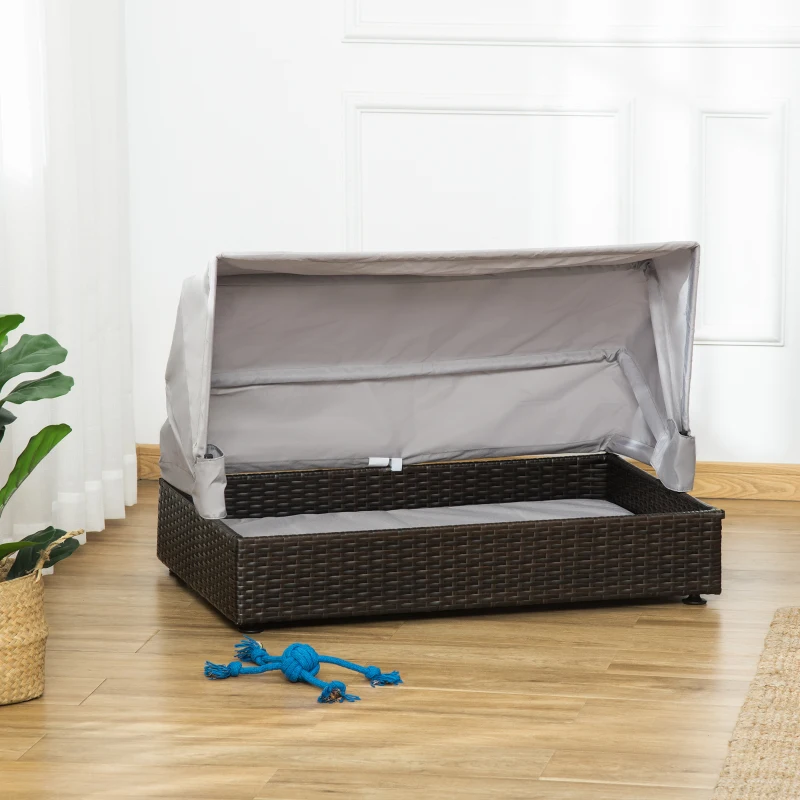 PawHut Rattan Dog Bed, Elevated Pet Sofa, Wicker Cat House, Indoor/Outdoor Use, for Garden Patio with Foldable Canopy, for Small or Medium-Sized Pets, Coffee
