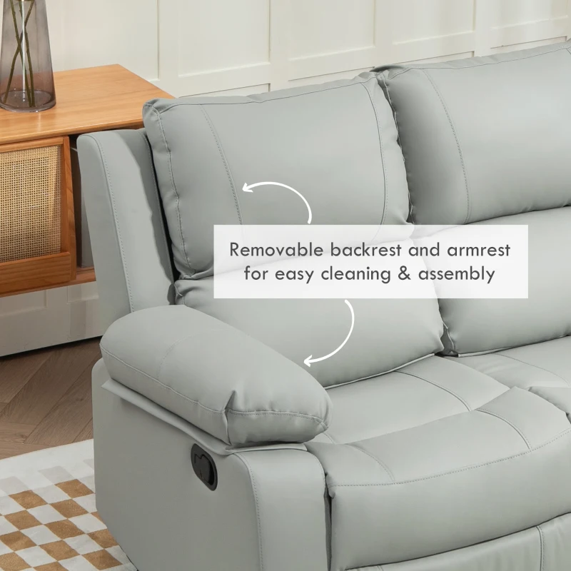 HOMCOM PU Leather Manual Recliner Sofa, Double Reclining Loveseat with Pullback Control Footrest for Living Room, Light Grey