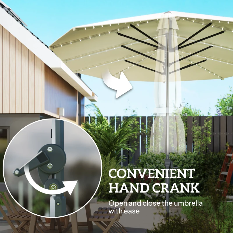 Outsunny 15ft Double-Sided Outdoor Umbrella with Solar Lights, UPF50+ Extra Large Aluminum Patio Umbrella with Crank, Cream White