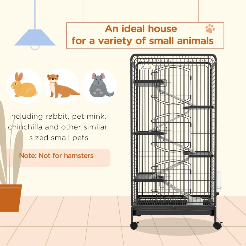 PawHut Rolling Small Animal Cage 51.6" Pet Rabbit Ferret Playpen, Animal Supply Kit Metal Black for Bunny, Pet Mink, Chinchilla