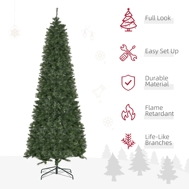 HOMCOM 8 Foot Pine Artificial Christmas Tree, Slim Pencil Xmas Tree with 952 Realistic Branches, Steel Base, Auto Open, Green