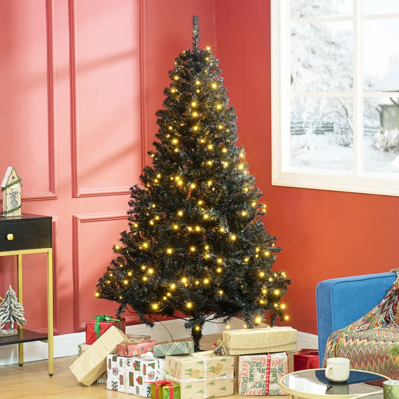 HOMCOM 6 FT Tall PreLit Artificial Christmas Tree with Realistic Branches, 250 Warm White LED Lights and 1000 Tips, Black