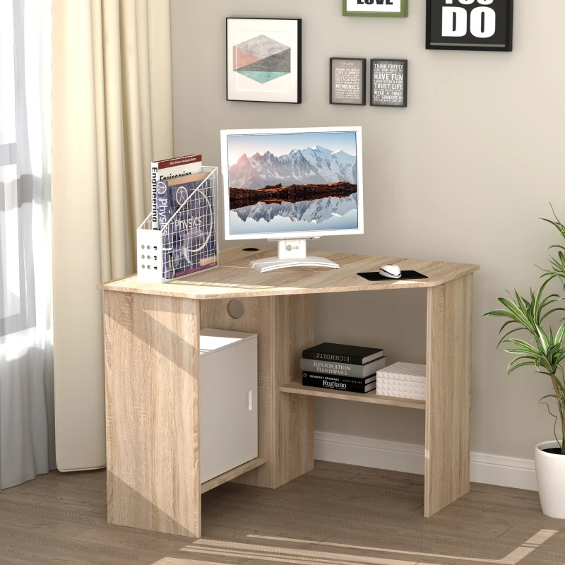 HOMCOM Corner Computer Desk with Storage Shelf, Writing Table Study Workstation for Home Office, Natural