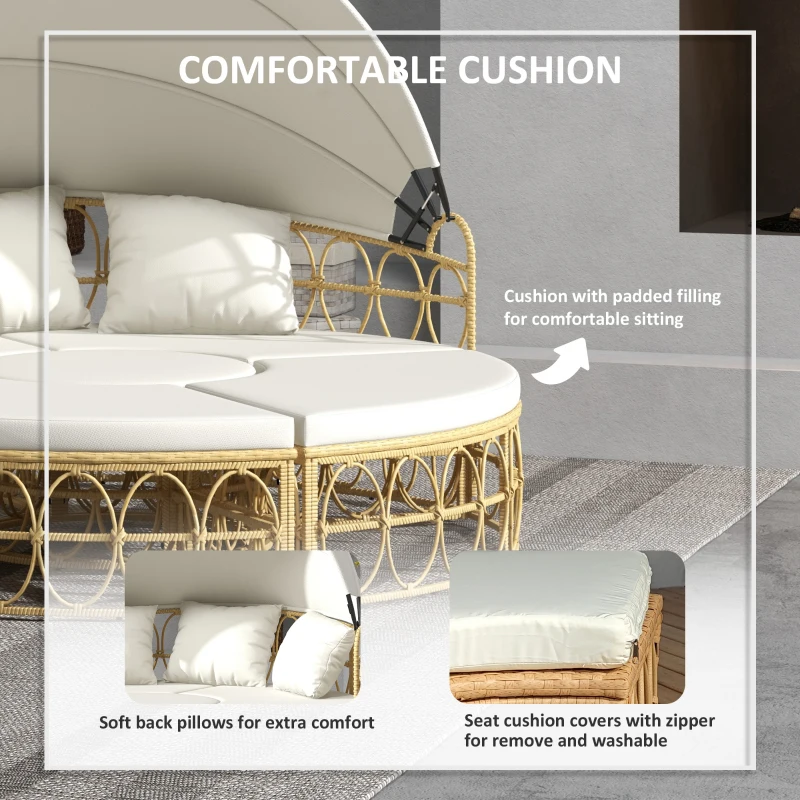 Outsunny Patio Furniture Set, Round Outdoor Daybed with Retractable Canopy, Hollow Wicker PE Rattan Sectional Sofa with Washable Couch Cushions for Pool, Lawn, Cream White
