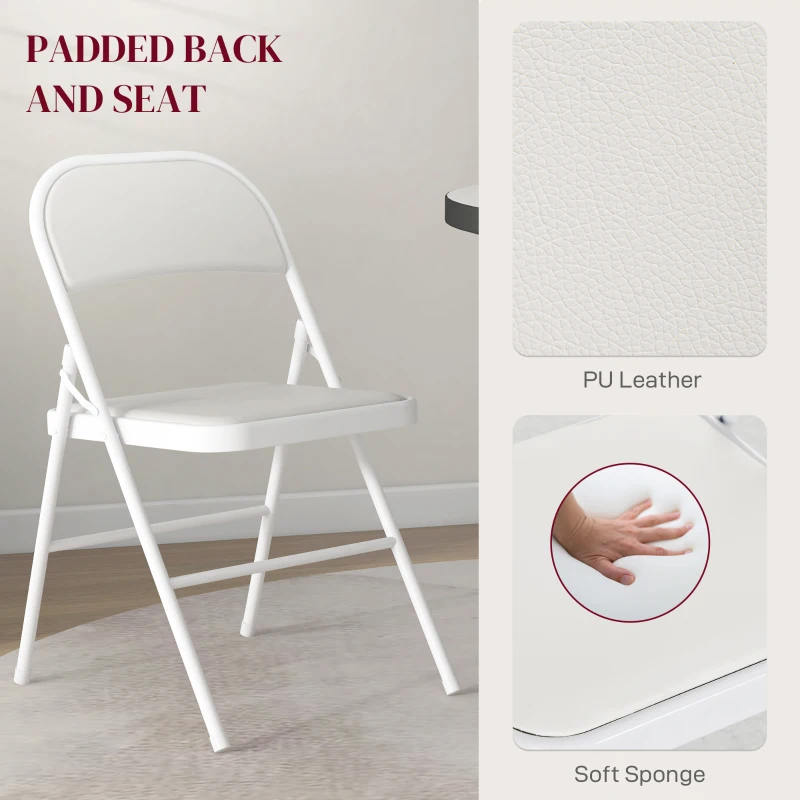 HOMCOM Set of 2 Metal Foldable Chairs, PU Leather Padded Folding Chairs with Cushion Seat and Open Back for Indoor, White
