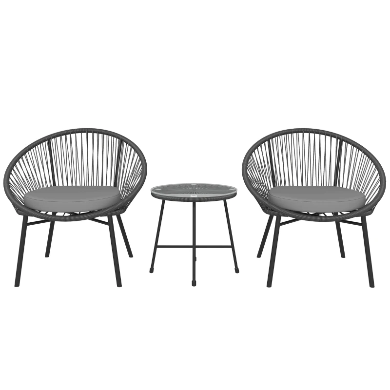 Outsunny 3 Piece Wicker Patio Furniture Set with Soft Seat Cushions, Tempered Glass Tabletop, Bistro Set for Garden, Black