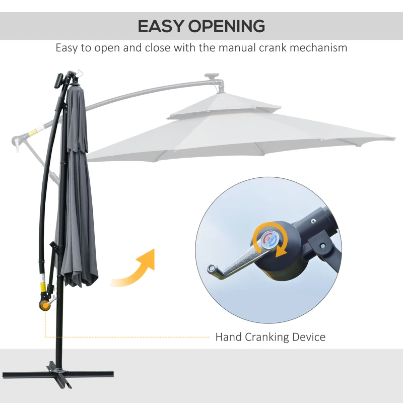 Outsunny 10FT Cantilever Patio Umbrella with Lights Solar Powered Offset Umbrella with Crank and Cross Base for Deck Grey