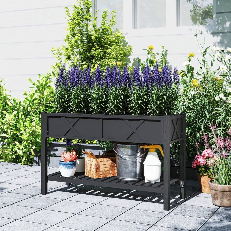 Outsunny Raised Garden Bed, 47 x 22 x 31.5 in. Elevated Wood Planter Box with Storage Shelf, Drainage Holes, and Liner, Black