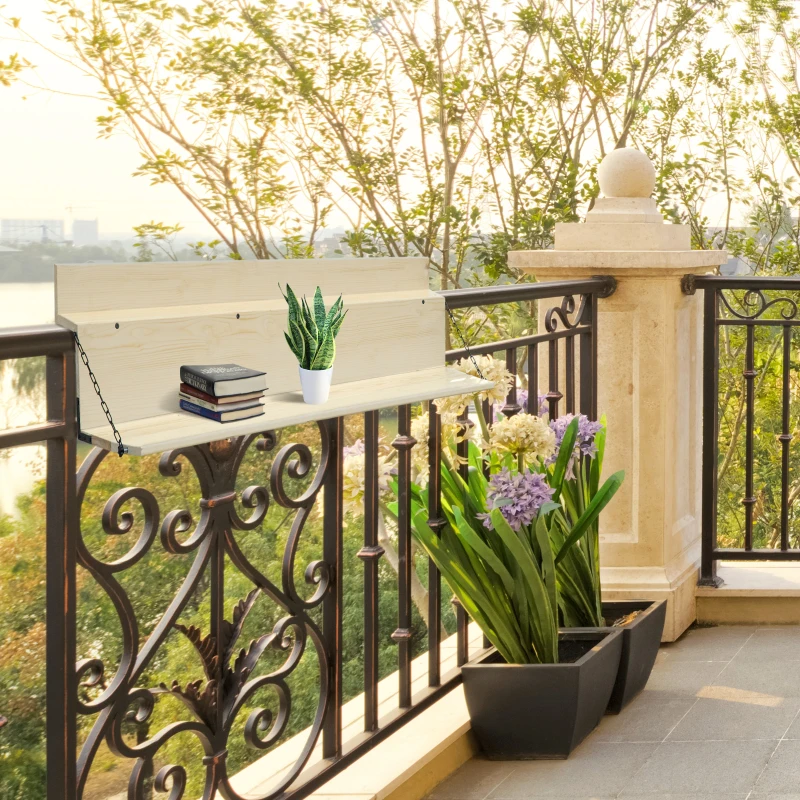 Outsunny Hanging Balcony Table, Spruce Wood Foldable Railing Bar, Serving Table & Desk, Fits up to 3.9 Inches, Natural