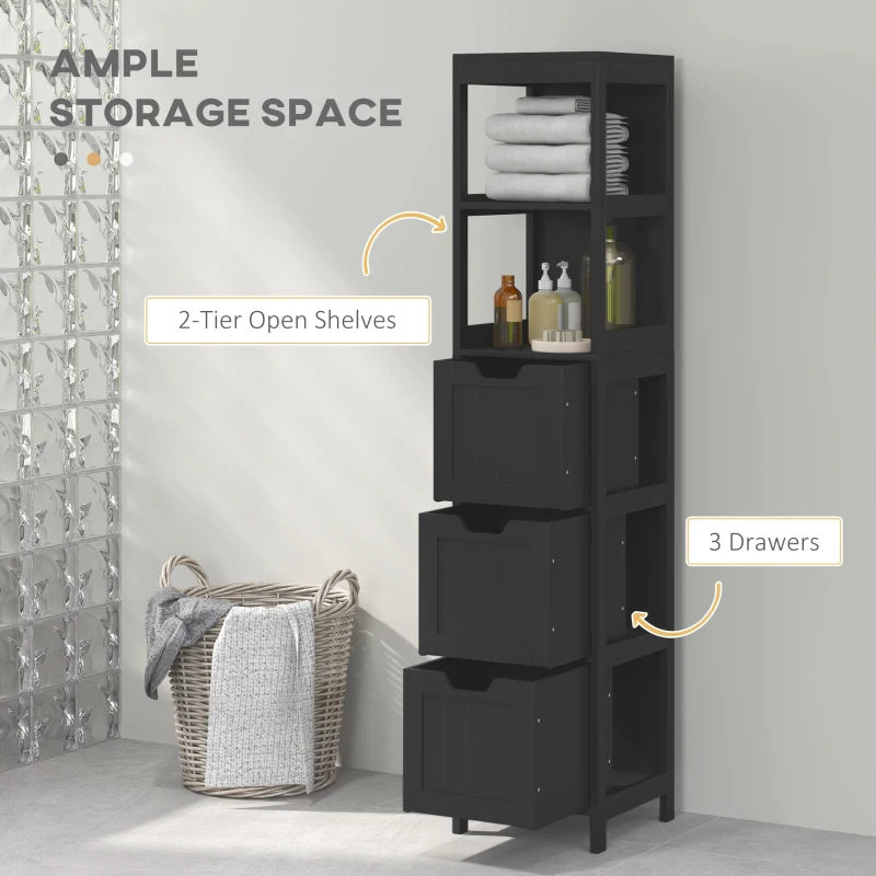 kleankin Narrow Bathroom Cabinet with 3 Drawers and 2 Tier Shelf, Tall Cupboard Freestanding Linen Tower, Black
