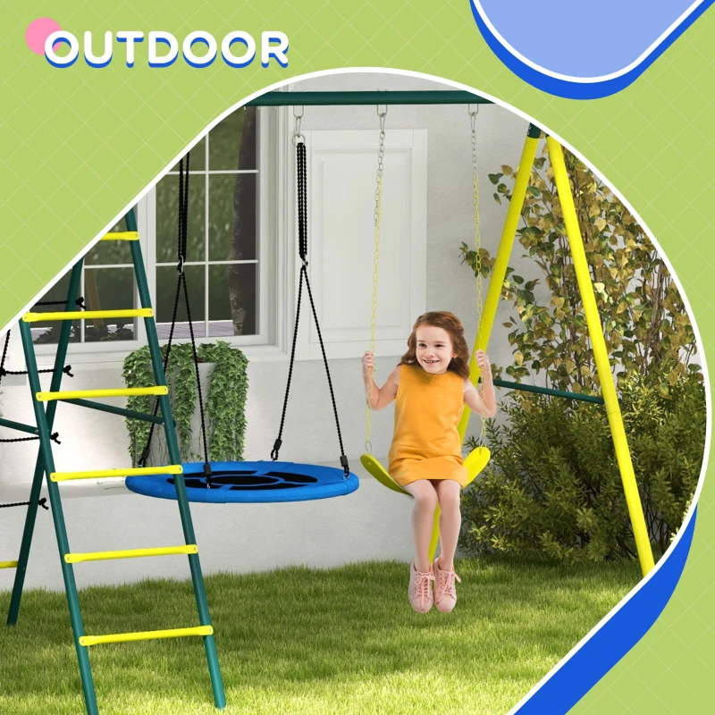 Outsunny 4 in 1 Swing Set for Kids with Saucer Swing, Seat, Climbing Ladder/Net, Basketball Hoop for 3-8 Years Old, Yellow