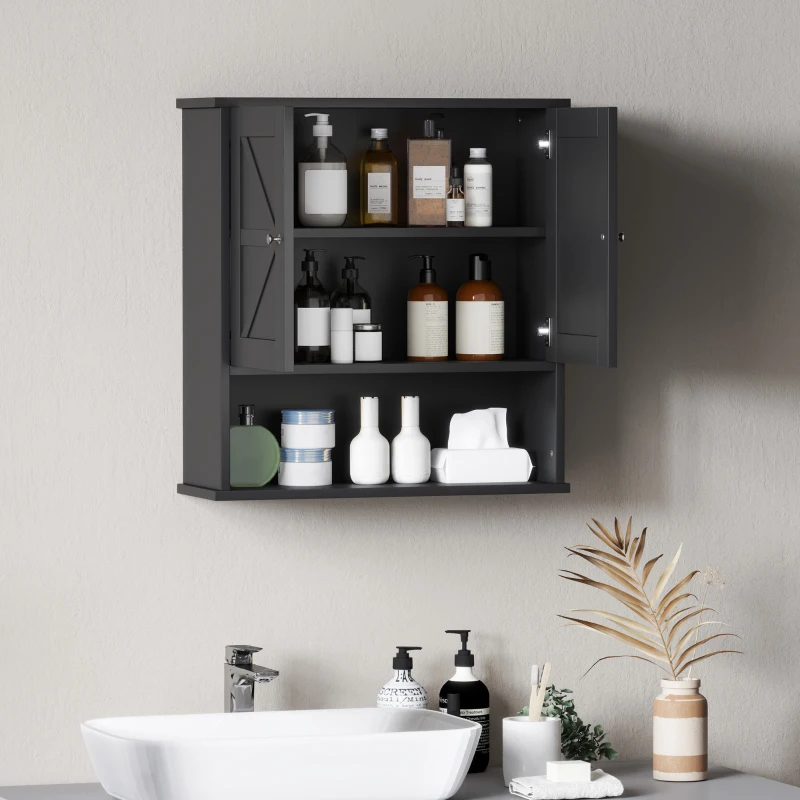 kleankin Farmhouse Bathroom Medicine Cabinet, Wall Cabinet with Barn Doors, and Adjustable Shelf for Laundry Room, Black