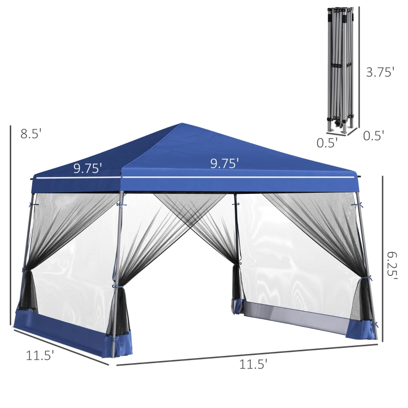 Outsunny Slant Leg Pop Up Canopy Tent with Netting and Carry Bag, Instant Sun Shelter, Tents for Parties, Height Adjustable, for Outdoor, Garden, Patio, (11.5'x11.5' Base / 10'x10' Top), Blue