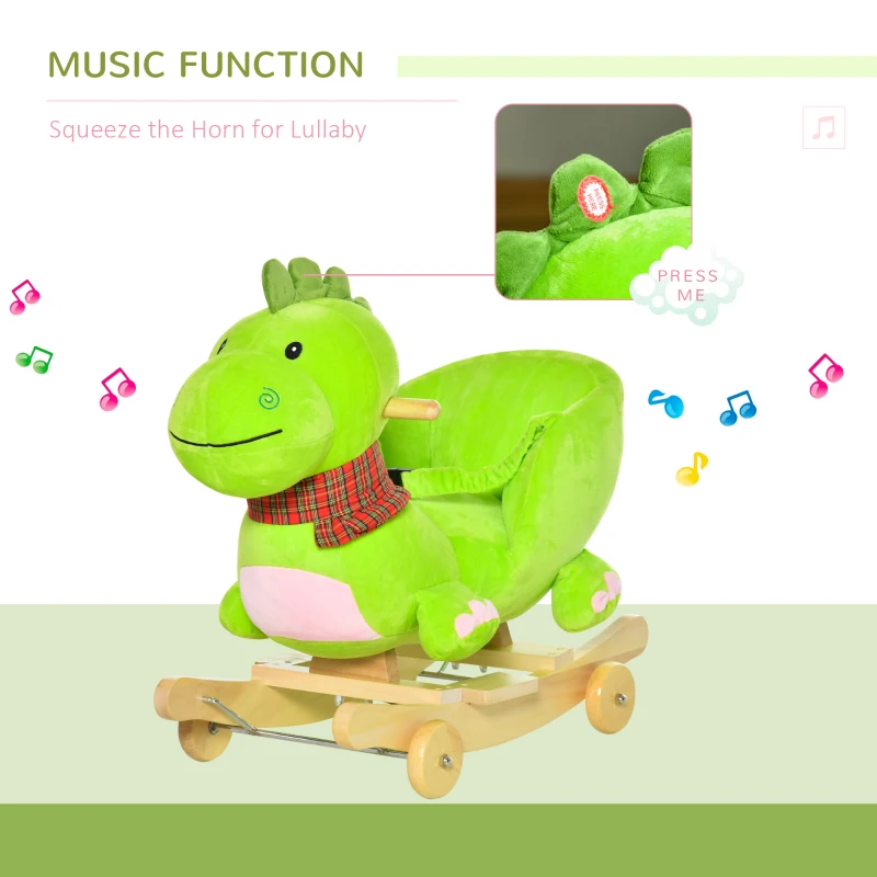 Qaba Baby Rocking horse Kids Interactive 2-in-1 Plush Ride-On Toys Stroller Rocking Dinosaur with Wheels and Nursery Song