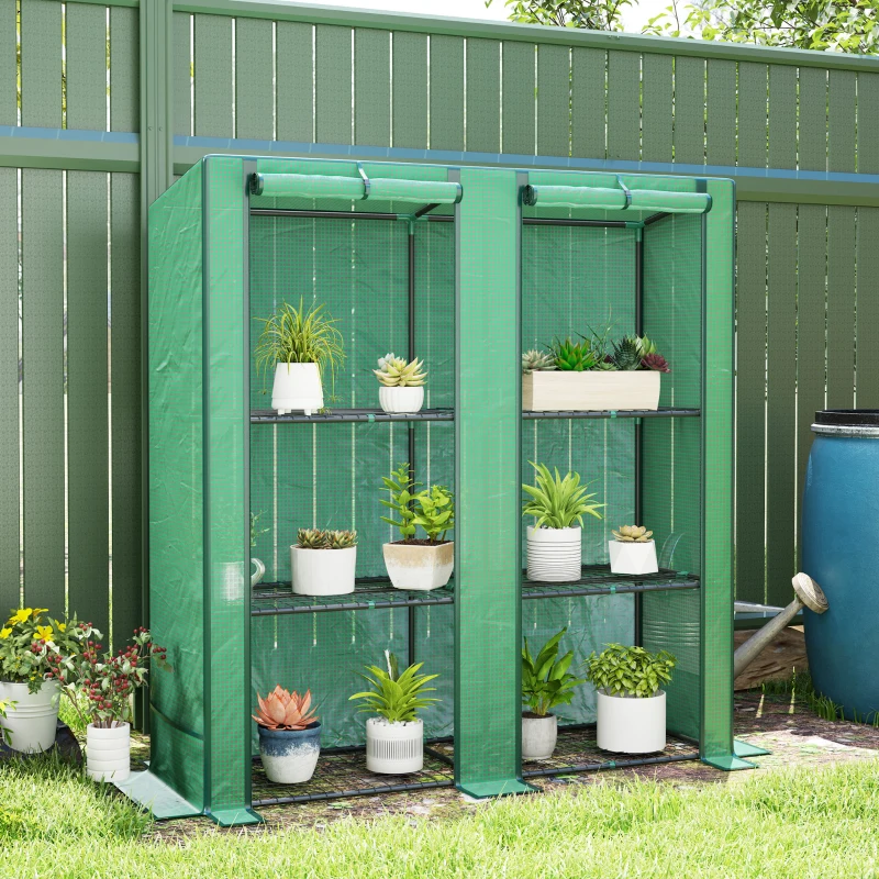 Outsunny Lean-to Greenhouse with 3 Tier Shelves, Mini Greenhouse with 2 Roll-Up Doors for Indoor Outdoor, Green
