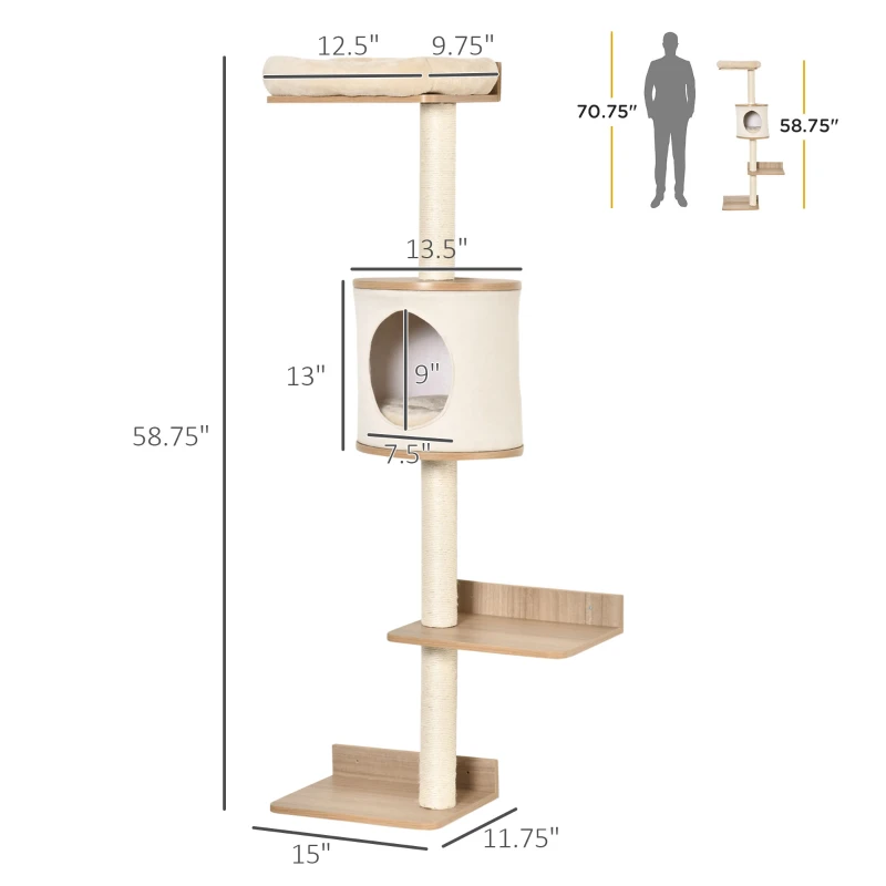 PawHut Cat Tree Pet Wall-mounted Climbing Frame Shelf Kitten Perch Activity Center Condo Bed Scratching Post Light Brown