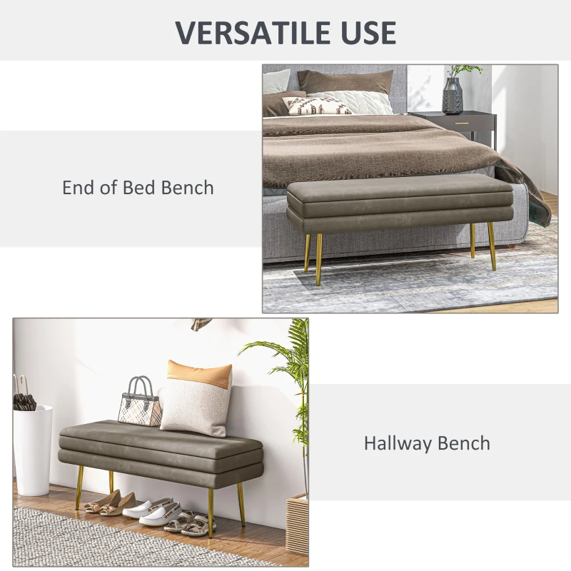 HOMCOM 39" Storage Ottoman, Velvet End of Bed Bench with Steel Legs, Foot Stool with Storage for Bedroom, Living Room, Beige